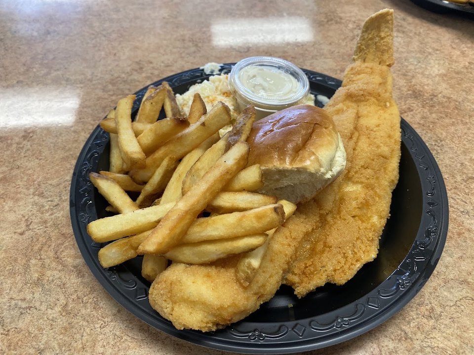Counter service area in a casual seafood spot.